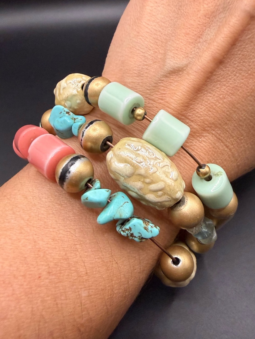 Boho Beaded Coil Wrap Bracelet Pink Turquoise Gold Tone Adjustable